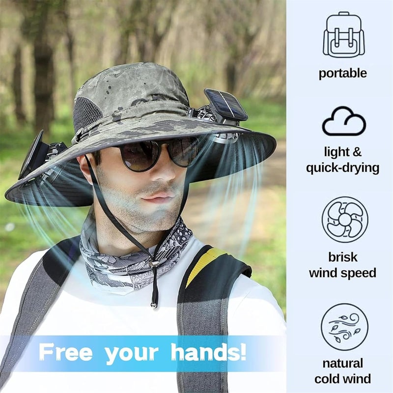 ATMEET Men Women Wide Brim Sun Hats with 2 Solar Fan Waterproof Breathable Bucket Hat Outdoor Fishing Hat for Hiking Camping - Image 2